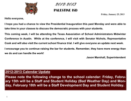 2012-2013 Calendar Update Please Note the Following Change to the School Calendar