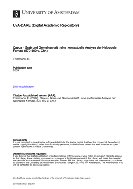 Capua - Grab Und Gemeinschaft : Eine Kontextuelle Analyse Der Nekropole Fornaci (570-400 V