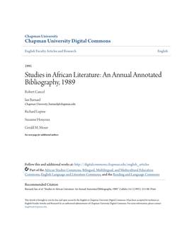 Studies in African Literature: an Annual Annotated Bibliography, 1989 Robert Cancel