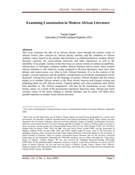 Examining Canonisation in Modern African Literature1