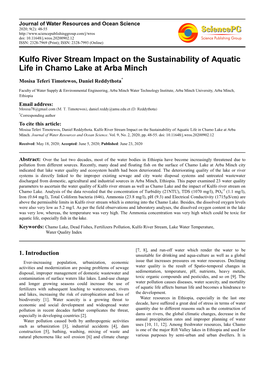 Kulfo River Stream Impact on the Sustainability of Aquatic Life in Chamo Lake at Arba Minch