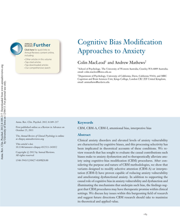 Cognitive Bias Modification Approaches to Anxiety