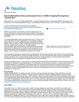 Nasdaq Marketsite to Become Broadcast Home to CNBC's Flagship Morning Show 