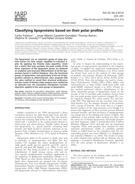 Classifying Lipoproteins Based on Their Polar Profiles Carlos Polanco1* , Jorge Alberto Castañón-González2, Thomas Buhse3, Vladimir N