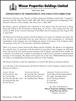 Appointment of Independent Non-Executive Director