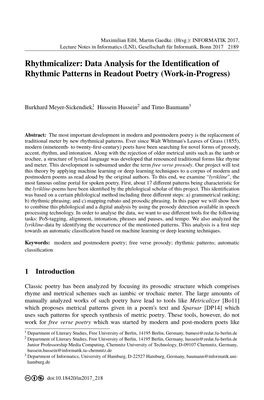 Data Analysis for the Identification of Rhythmic Patterns in Readout Poetry (Work-In-Progress)