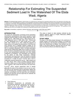 Relationship for Estimating the Suspended Sediment Load in the Watershed of the Ebda Wadi, Algeria