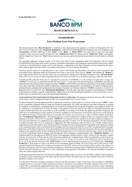 BANCO BPM S.P.A. (Incorporated As a Joint Stock Company (Società Per Azioni) in the Republic of Italy) €25,000,000,000 Euro Medium Term Note Programme