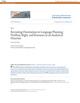 Revisiting Orientations in Language Planning: Problem, Right, and Resource As an Analytical Heuristic Francis M