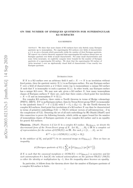 Arxiv:2003.02132V3 [Math.AG] 14 Sep 2020 (J) Be the Stabilizer of Mj and Pr(K ) Be Its Canonical Image in O(Qns(X))