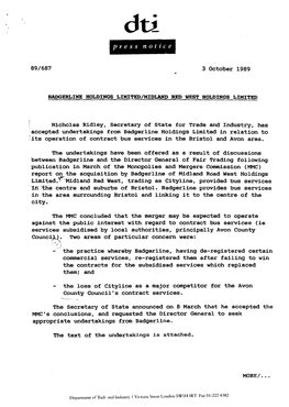 Badgerline Undertakings Given in 1989