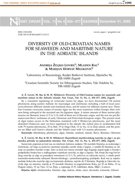 Diversity of Old-Croatian Names for Seaweeds and Maritime Nature in the Adriatic Islands