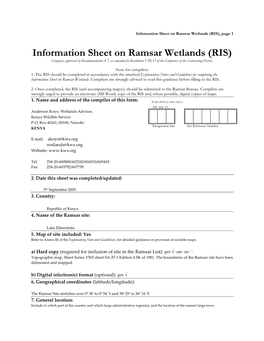 Information Sheet on Ramsar Wetlands (RIS), Page 1