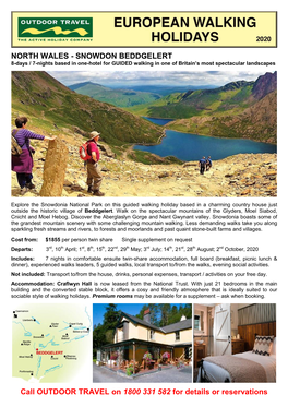WALES - SNOWDON BEDDGELERT 8-Days / 7-Nights Based in One-Hotel for GUIDED Walking in One of Britain’S Most Spectacular Landscapes