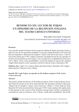 Benedicto XIV, Lector De Feijoo: Un Episodio De La Recepción Italiana Del Teatro Crítico Universal», Revista De Historia Moderna