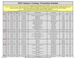 2019 Volunteer Training / Orientation Schedule