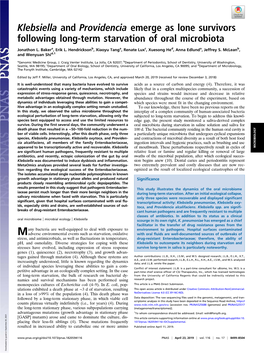 Klebsiella and Providencia Emerge As Lone Survivors Following Long-Term Starvation of Oral Microbiota