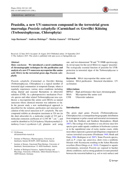 Prasiolin, a New UV-Sunscreen Compound in the Terrestrial Green Macroalga Prasiola Calophylla (Carmichael Ex Greville) Kützing