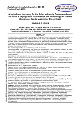 A Logical New Taxonomy for the Asian Subfamily Draconinae Based On