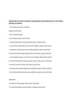 Names and Positions of Heads of Governments and Parastatals of the Federal Republic of Nigeria