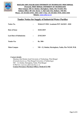 Tender Notice for Supply of Industrial Water Purifier