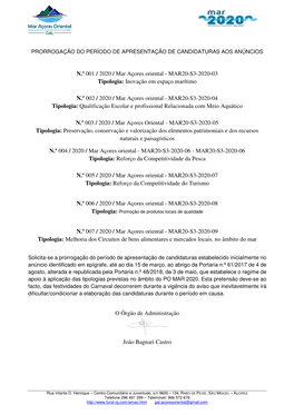 N.º 001 / 2020 / Mar Açores Oriental - MAR20-S3-2020-03 Tipologia: Inovação Em Espaço Marítimo