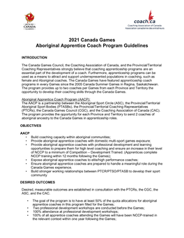 2021 Canada Games Aboriginal Apprentice Coach Program Guidelines