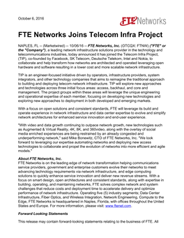 FTE Networks Joins Telecom Infra Project