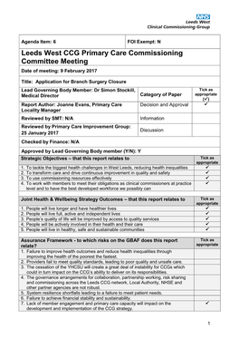 Leeds West CCG Primary Care Commissioning Committee Meeting Date of Meeting: 9 February 2017