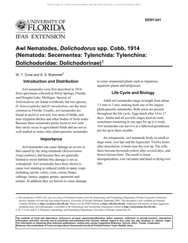 Awl Nematodes, Dolichodorus Spp. Cobb, 1914 (Nematoda: Secernentea: Tylenchida: Tylenchina: Dolichodoridae: Dolichodorinae)1