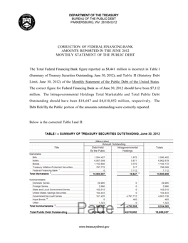 Correction of Federal Financing Bank Amounts Reported in the June 2012 Monthly Statement of the Public Debt