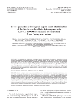 Use of Parasites As Biological Tags in Stock Identification of the Black Scabbardfish,Aphanopus Carbo Lowe, 1839 (Osteichthyes: Trichiuridae) from Portuguese Waters