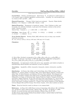 Gyrolite Naca16(Si23al)O60(OH)8 ² 14H2O C 2001 Mineral Data Publishing, Version 1.2 ° Crystal Data: Triclinic, Pseudohexagonal