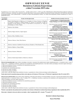 OBWIESZCZENIE Burmistrza Lubienia Kujawskiego Z Dnia 9 Września 2019 Roku