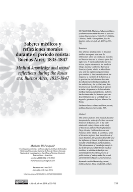 Saberes Médicos Y Reflexiones Morales Durante El Período Rosista