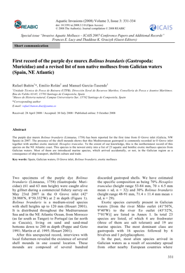 First Record of the Purple Dye Murex Bolinus Brandaris (Gastropoda: Muricidae) and a Revised List of Non Native Molluscs from Galician Waters (Spain, NE Atlantic)