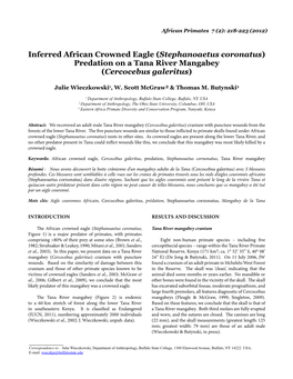 Inferred African Crowned Eagle (Stephanoaetus Coronatus) Predation on a Tana River Mangabey (Cercocebus Galeritus)