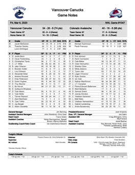 Vancouver Canucks Game Notes