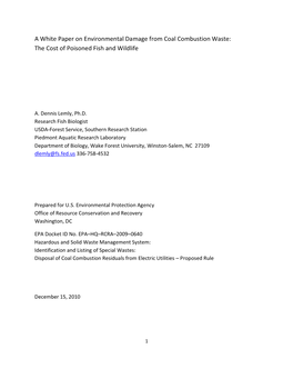 A White Paper on Environmental Damage from Coal Combustion Waste: the Cost of Poisoned Fish and Wildlife