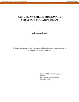 Samuel Zwemer's Missionary Strategy Towards Islam