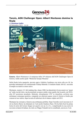 Tennis, AON Challenger Open: Albert Montanes Domina La Finale