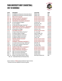 Park University Men's Basketball 2017-18 Schedule