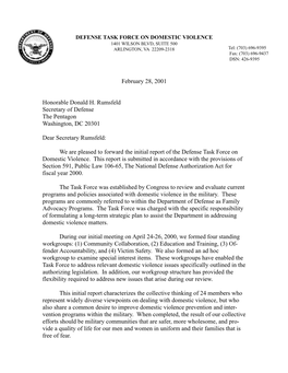 DEFENSE TASK FORCE on DOMESTIC VIOLENCE 1401 WILSON BLVD, SUITE 500 ARLINGTON, VA 22209-2318 Tel: (703) 696-9395 Fax: (703) 696-9437 DSN: 426-9395