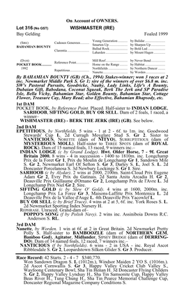 On Account of OWNERS. Lot 316 (No GST) WISHMASTER (IRE)