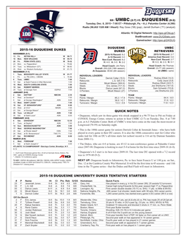 G9 / UMBC (2-7) VS. DUQUESNE (6-2) Tuesday, Dec