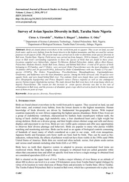 Survey of Avian Species Diversity in Bali, Taraba State Nigeria