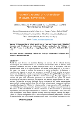 Strengths and Weaknesses to Mainstream Marine Archaeology in Pakistan Pjaee, 18 (3) (2021)