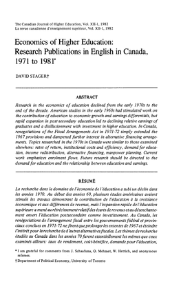 Economics of Higher Education: Research Publications in English in Canada, 1971 to 1981*