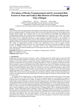 Prevalence of Bovine Trypanosomosis and Its Associated Risk Factors in Nano and Gudeya Bila Districts of Oromia Regional State, Ethiopia