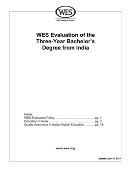 WES Evaluation of the Three-Year Bachelor's Degree from India